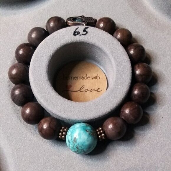 Hamsa Hand! Turquoise + Mocha Mousse! Howlite + Magnesite Blessings Bracelet 6" - Picture 2 of 9
